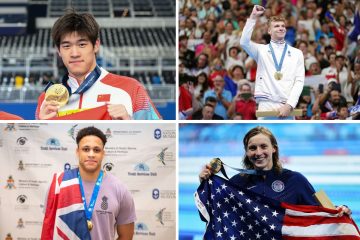 VĐV nổi bật: Pan Zhanle, Leon Marchand, Jordan Crooks & Katie Ledecky. (Ảnh: Sưu tầm internet)